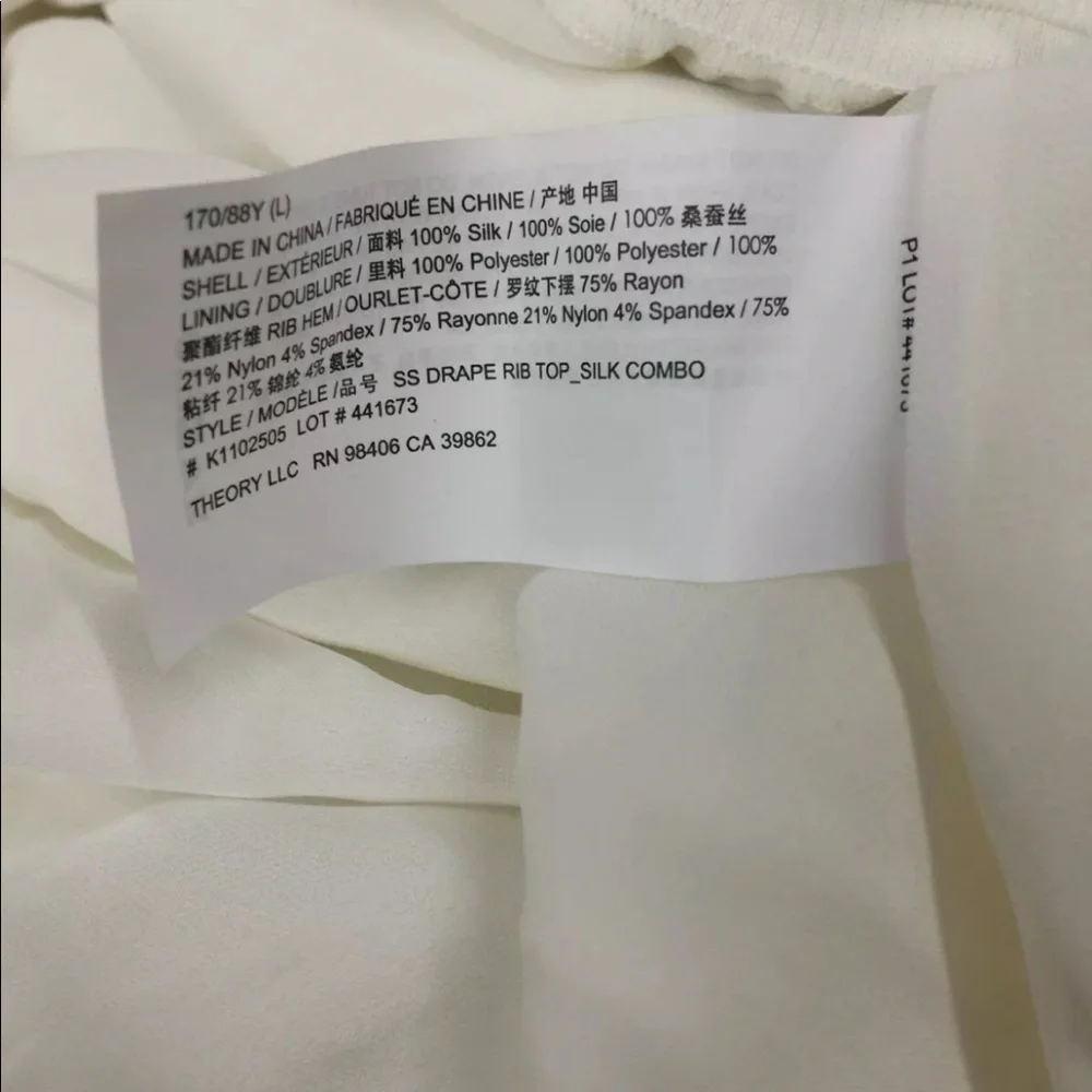 Theory white check mock neck cap sleeve silk drape shirt in large - Picture 5 of 5